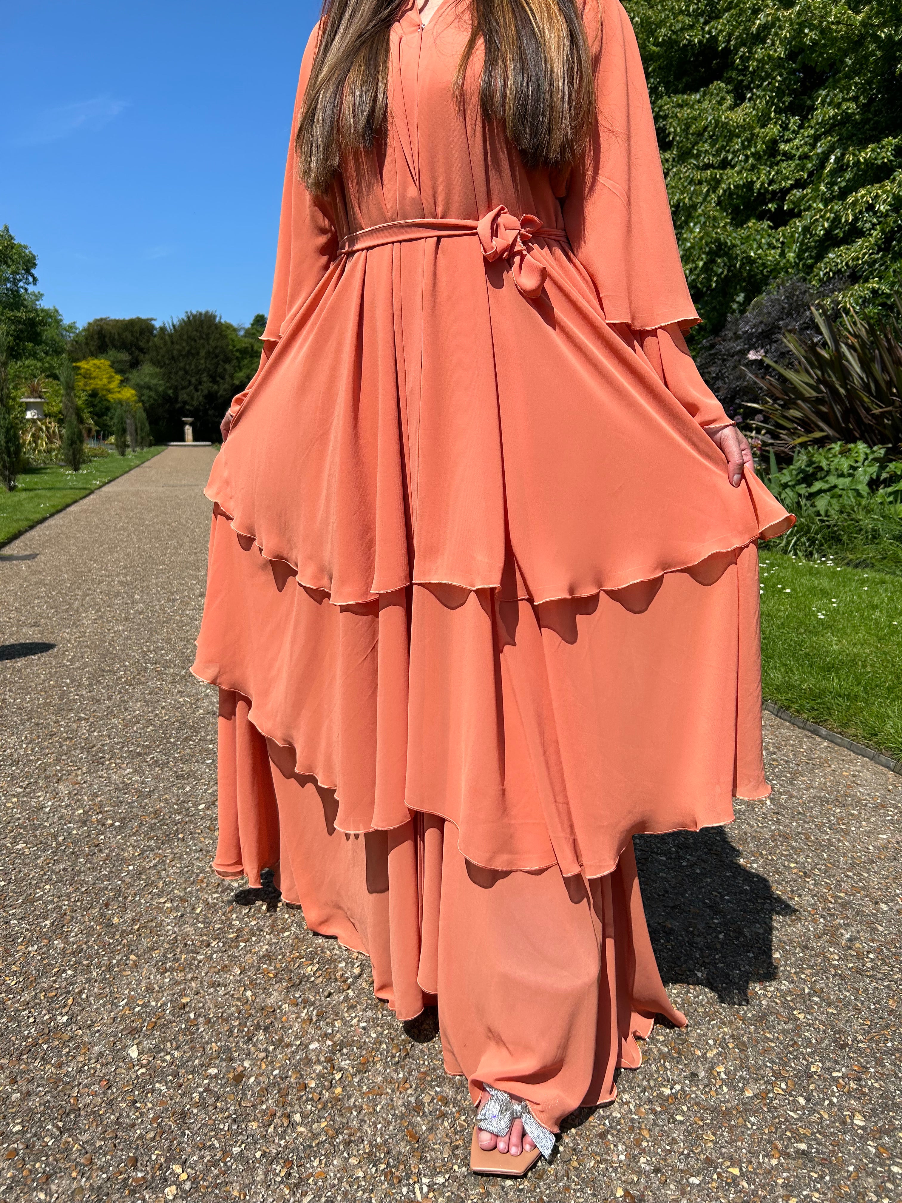 Layered abaya in Sunset Orange - Image 3