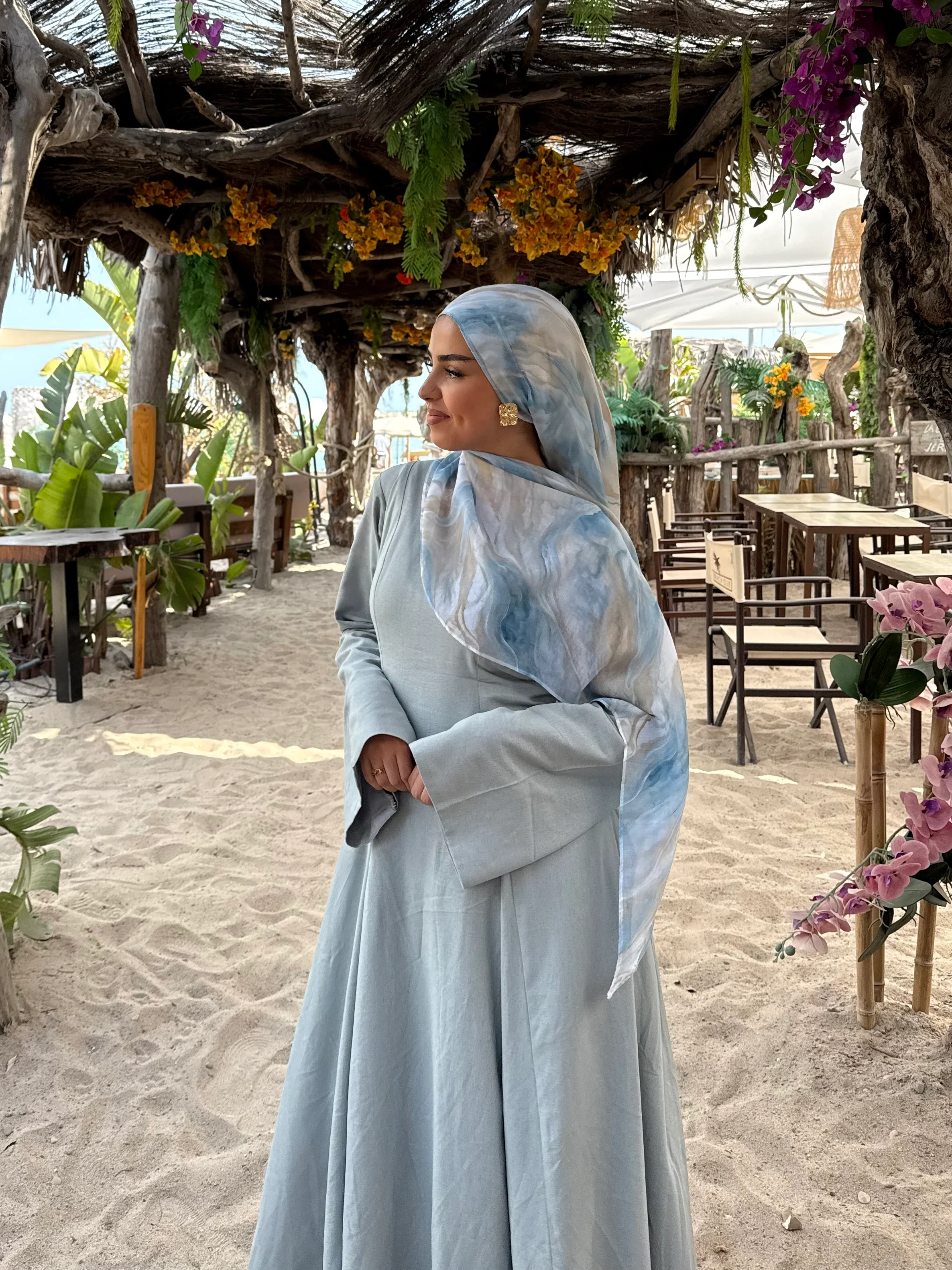 Linen Lace-Up Dress in Powder Blue - Image 3