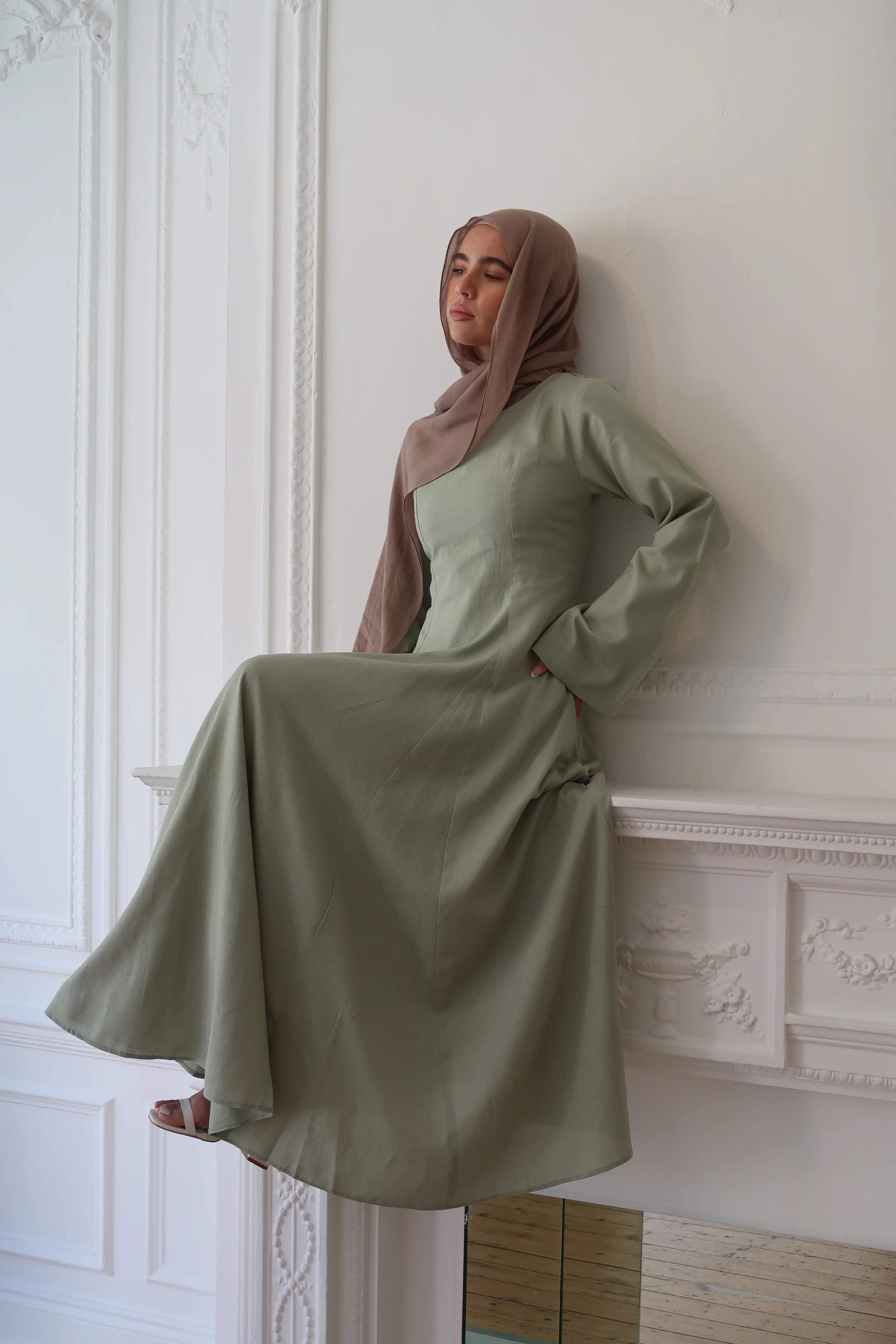 Linen Lace-Up Dress in Sage - Image 10
