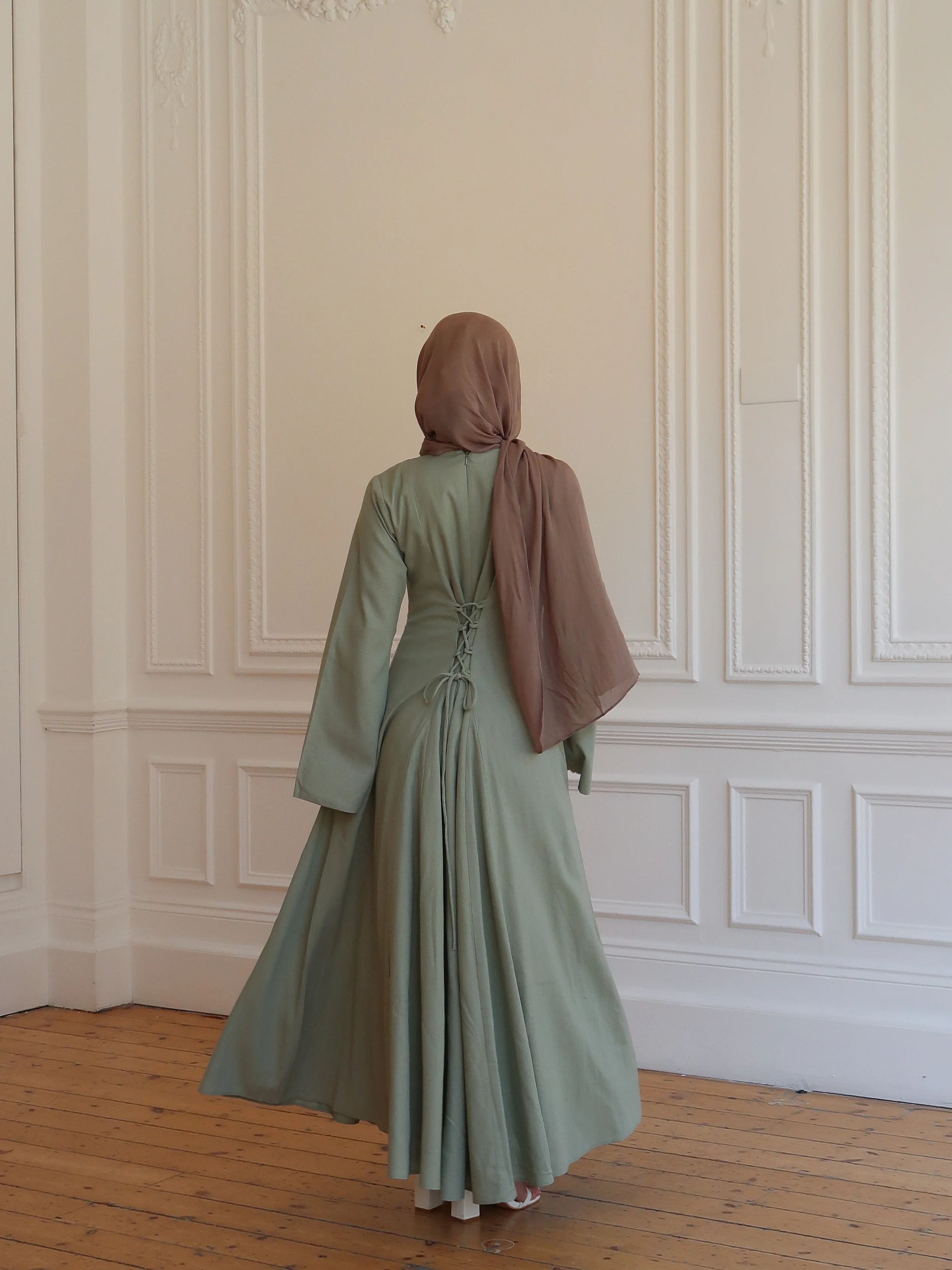 Linen Lace-Up Dress in Sage - Image 11