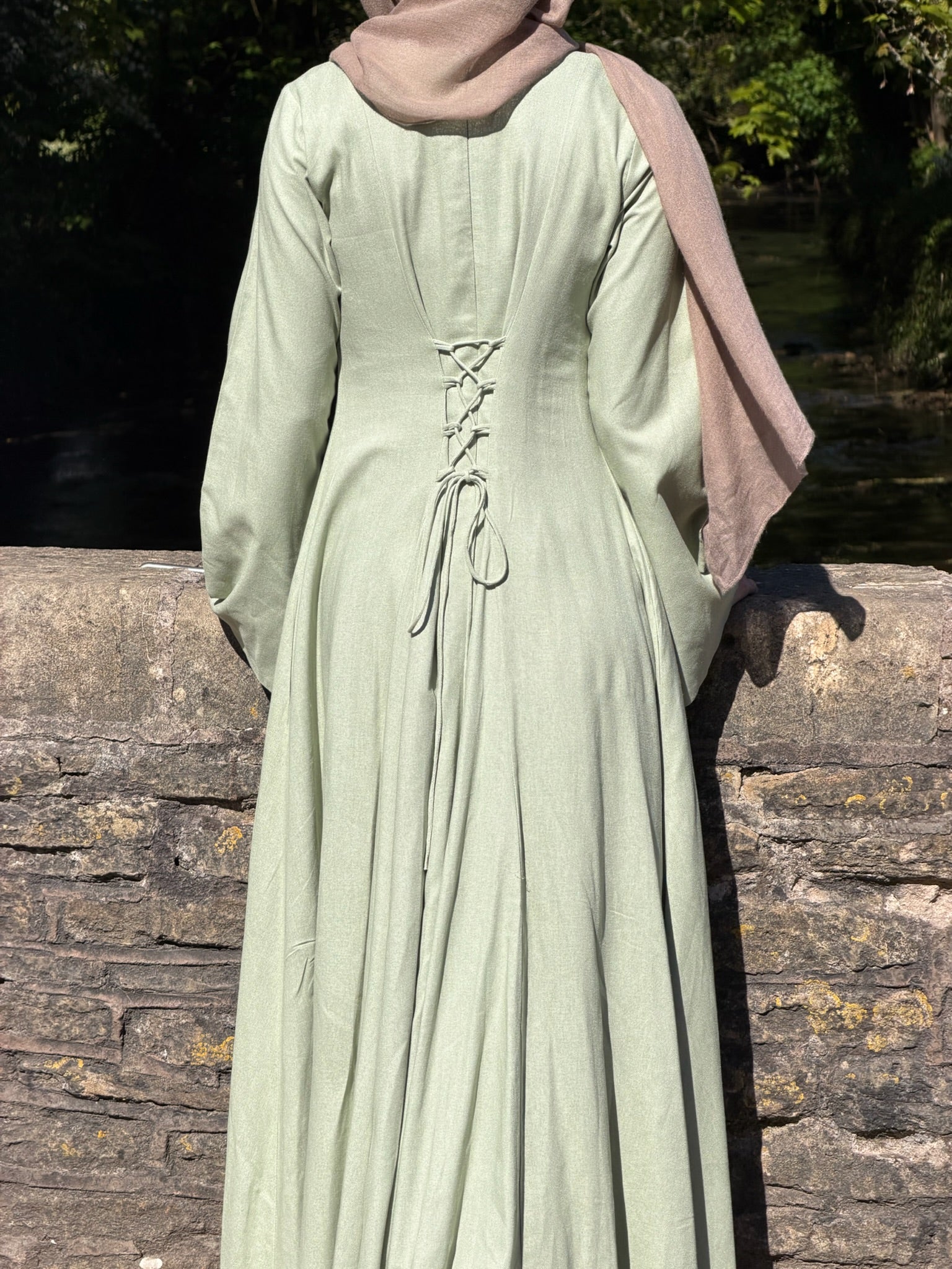 Linen Lace-Up Dress in Sage - Image 3