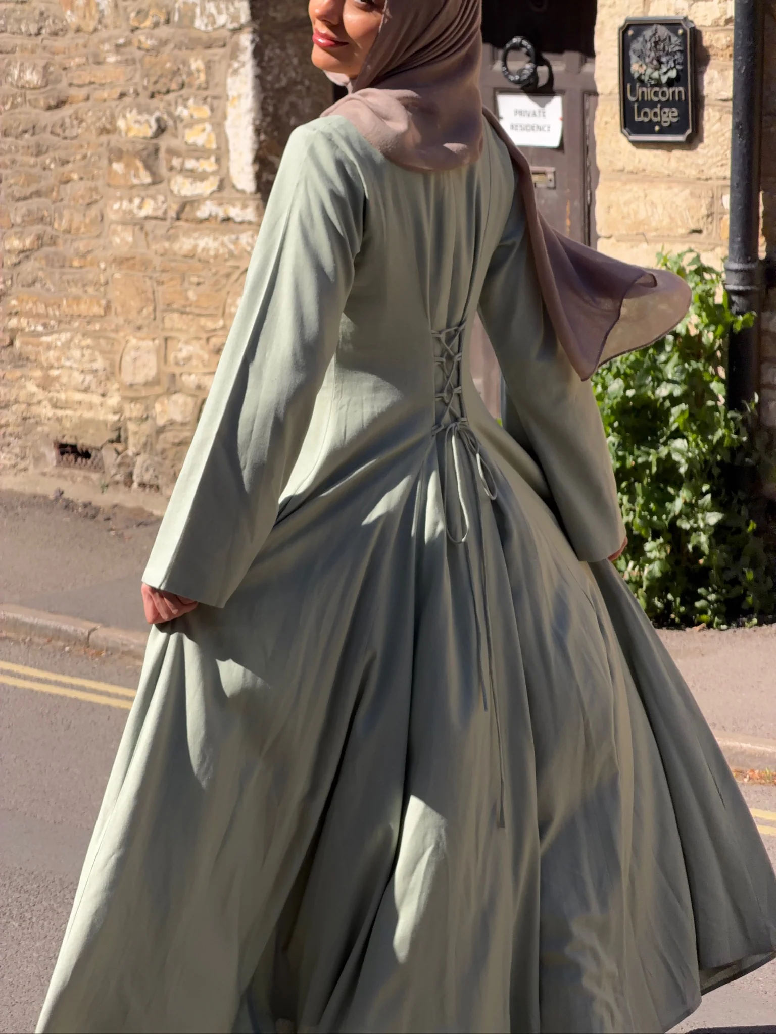 Linen Lace-Up Dress in Sage - Image 4