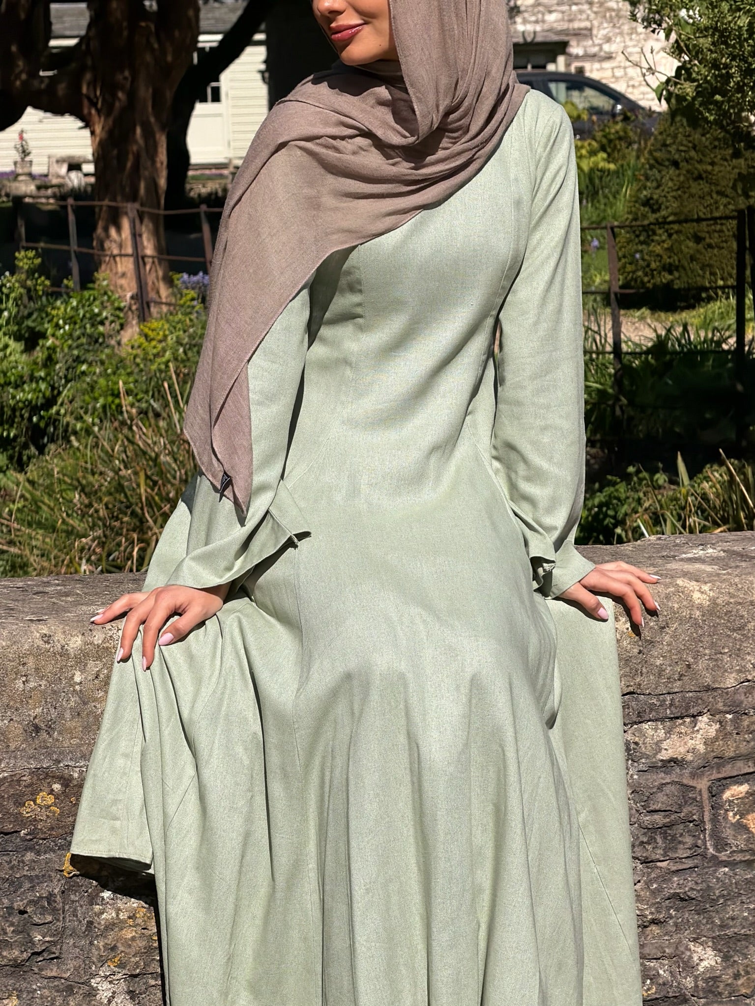 Linen Lace-Up Dress in Sage - Image 5