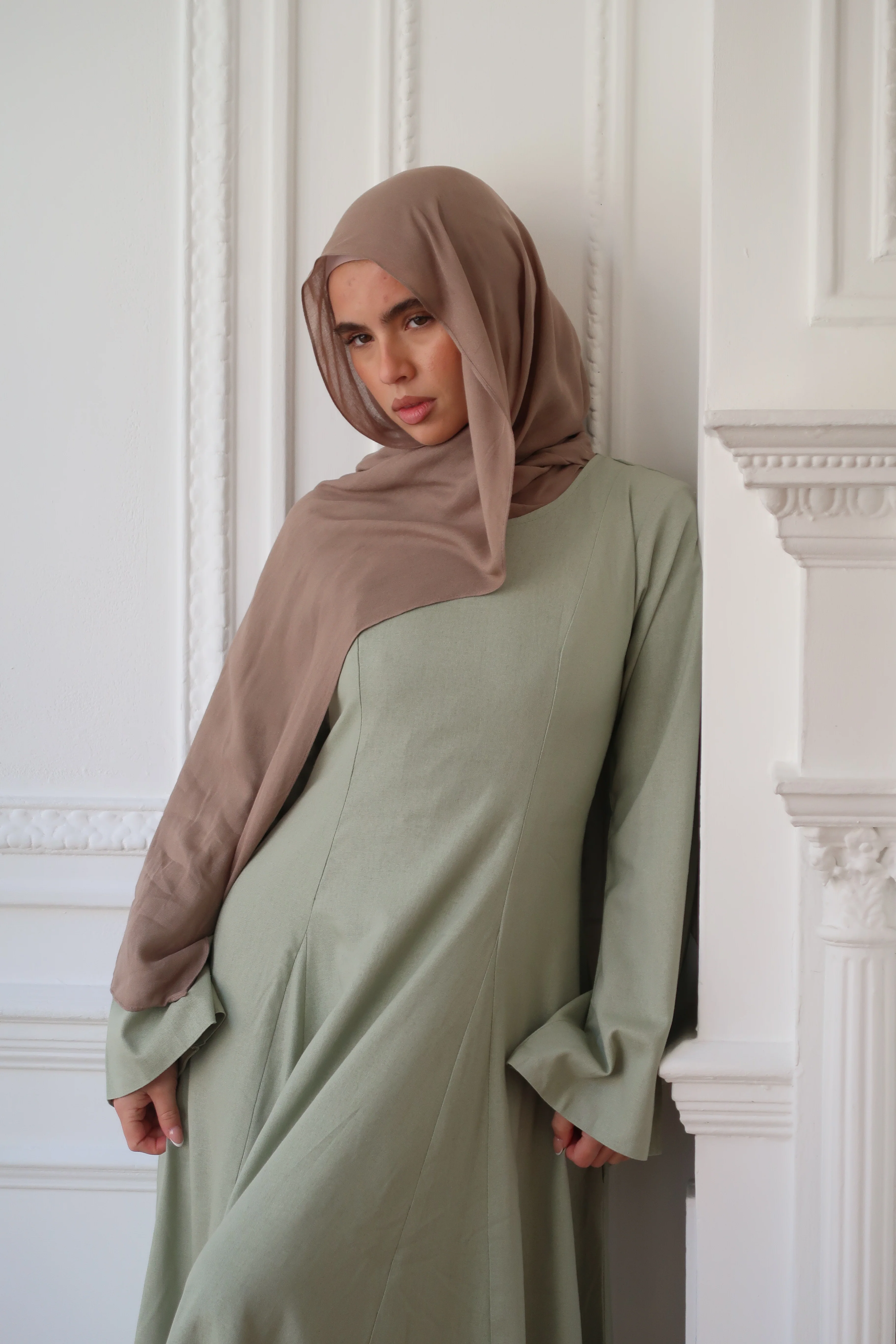 Linen Lace-Up Dress in Sage - Image 8