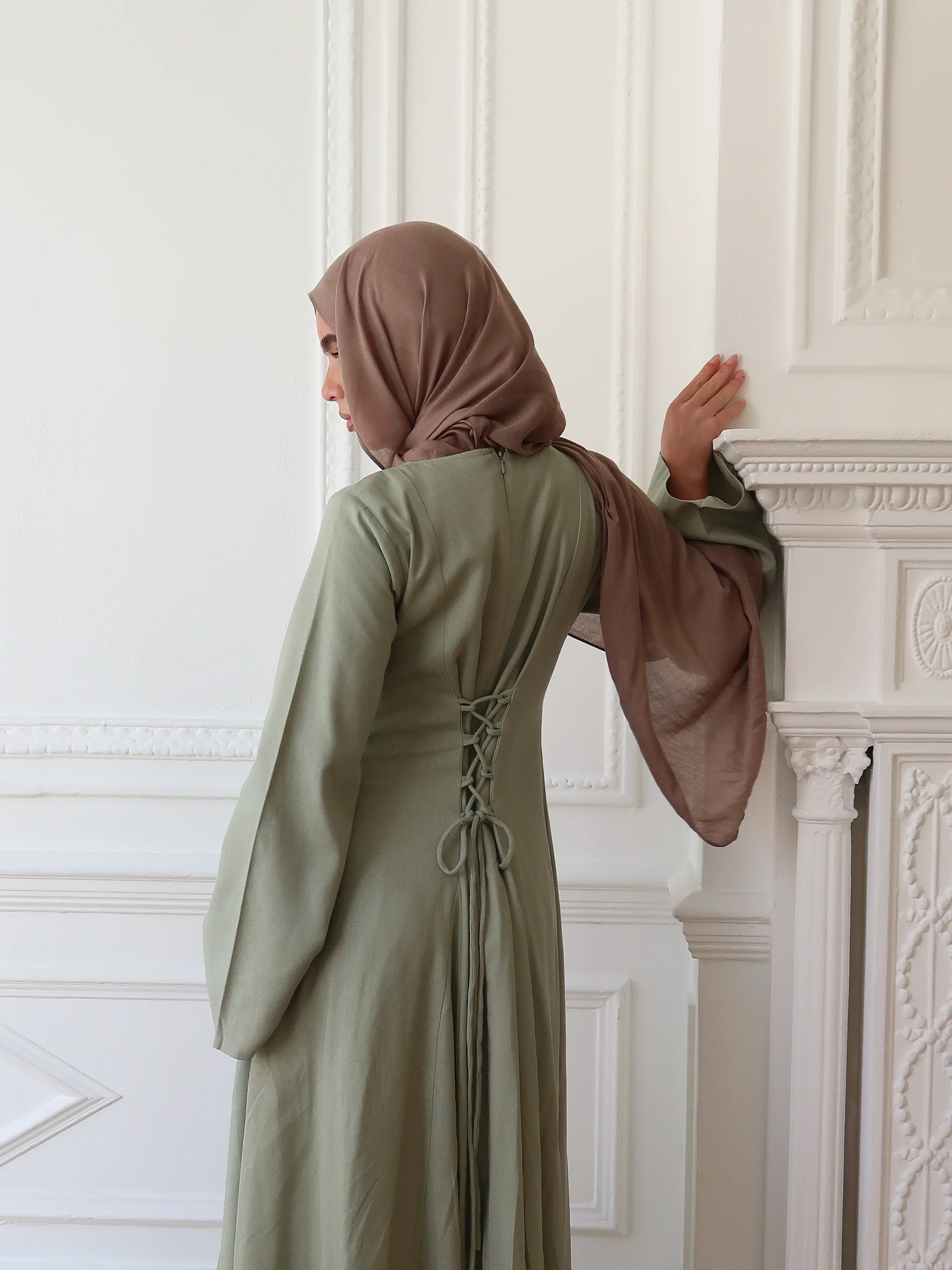 Linen Lace-Up Dress in Sage - Image 9