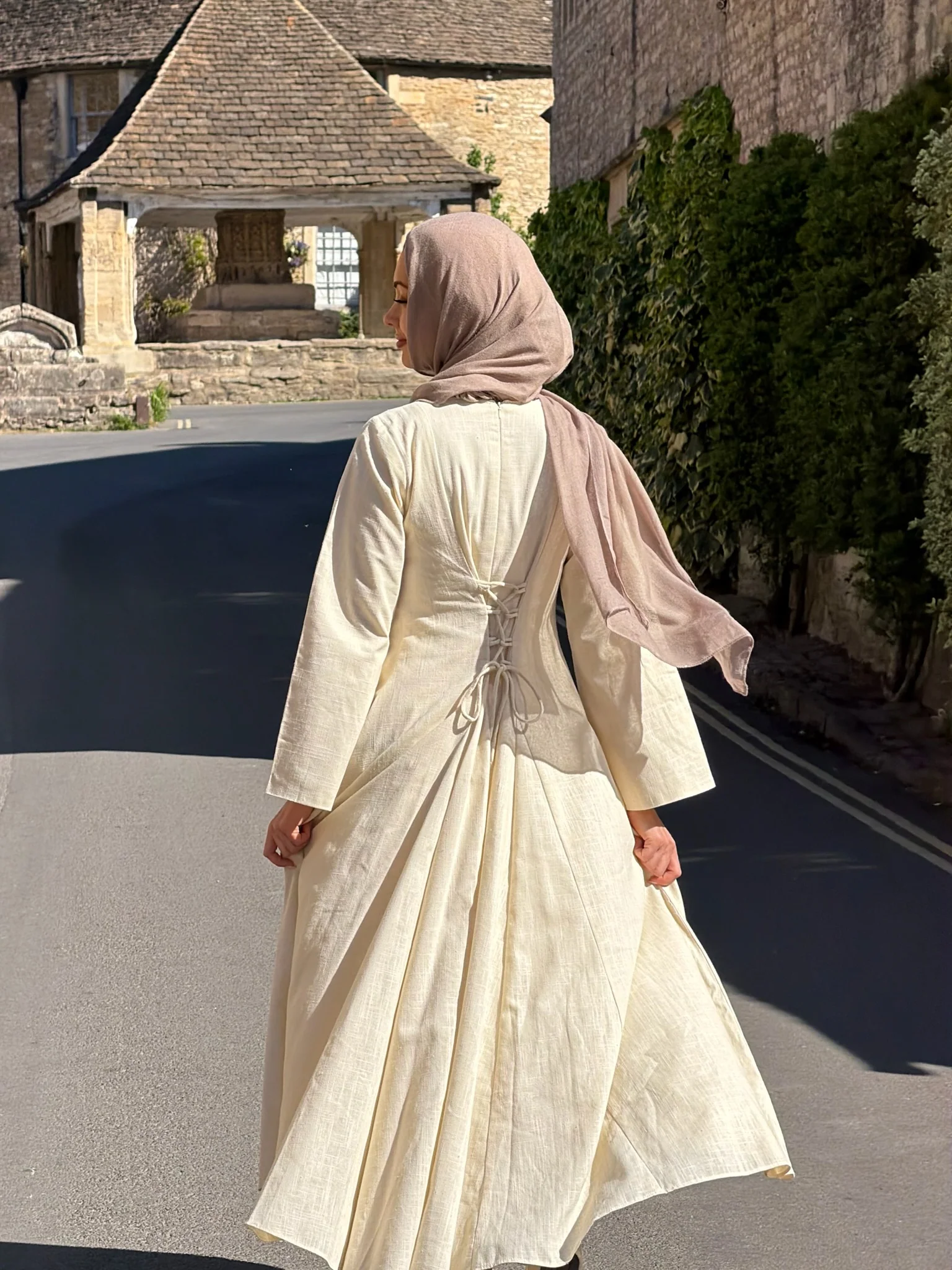 Linen Lace-Up Dress in Lemon - Image 4
