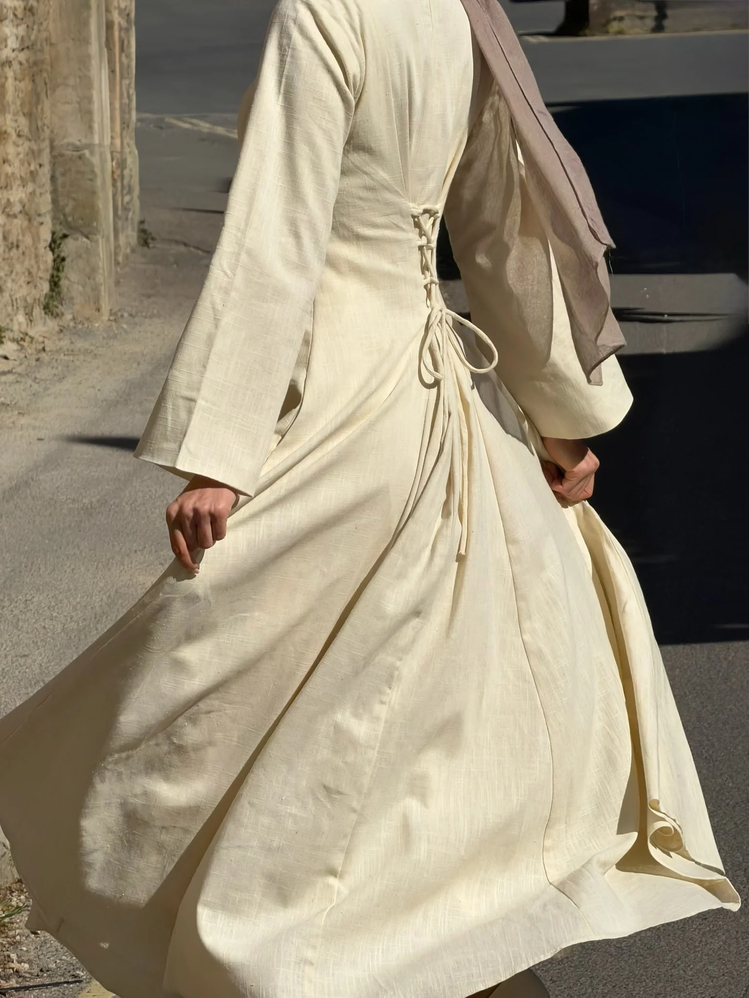 Linen Lace-Up Dress in Lemon - Image 7